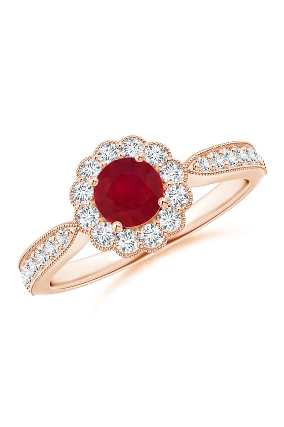 Natural Vintage Inspired Ruby Milgrain Ring with Diamond Halo in 14K Rose Gold for Women (Size-5mm) | July Birthstone, Birthday, Anniversary, Jewelry Gift for Women | Natural Ruby Ring