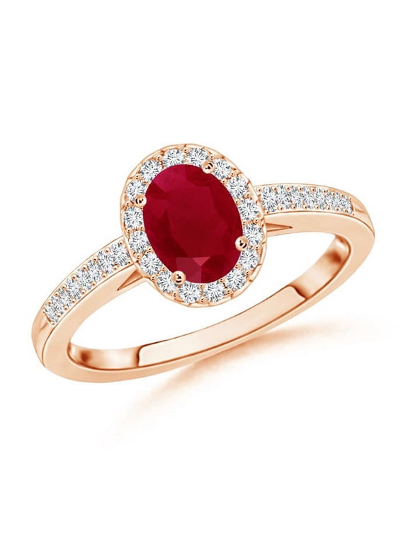 Natural Classic Oval Ruby Halo Engagement Ring with Diamond Accents in 14K Rose Gold for Women (Size-6x4mm) | July Birthstone, Birthday, Anniversary, Jewelry Gift for Women | Natural Ruby Ring