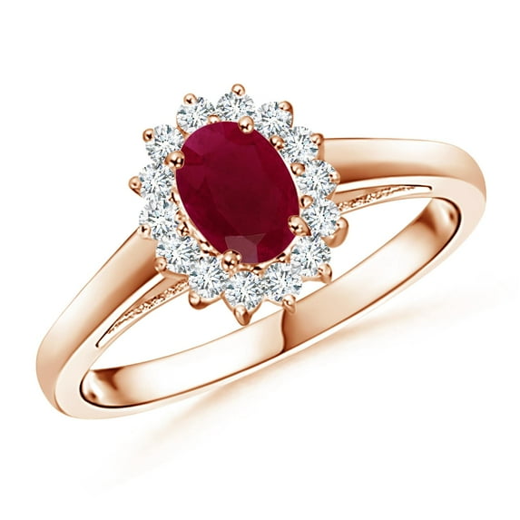 ANGARA Natural Princess Diana Inspired Ruby Ring with Diamond Halo in 14K Rose Gold for Women (Size-6x4mm) | July Birthstone, Birthday, Anniversary, Jewelry Gift for Women | Natural Ruby Ring