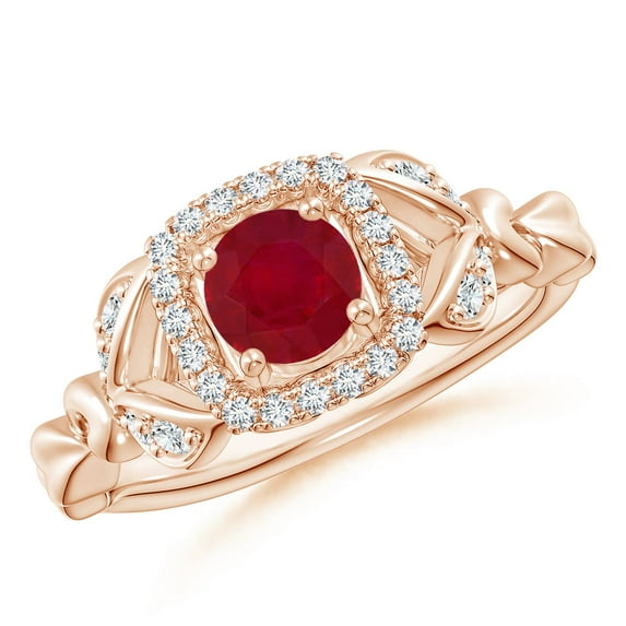 ANGARA Natural Nature Inspired Ruby Halo Ring with Leaf Motifs in 14K Rose Gold for Women (Size-5mm) | July Birthstone, Birthday, Anniversary, Jewelry Gift for Women | Natural Ruby Ring