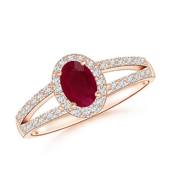 ANGARA Natural Oval Ruby Split Shank Halo Engagement Ring in 14K Rose Gold for Women (Size-6x4mm) | July Birthstone, Birthday, Anniversary, Jewelry Gift for Women | Natural Ruby Ring