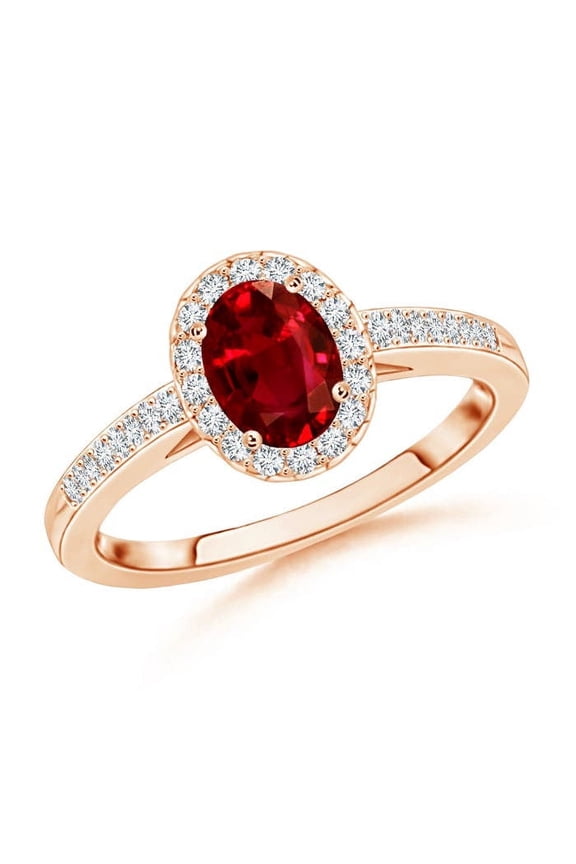 Natural Classic Oval Ruby Halo Ring with Diamond Accents in 14K Rose Gold for Women (Size-6x4mm) | July Birthstone Jewelry for Her | Natural Ruby Rings