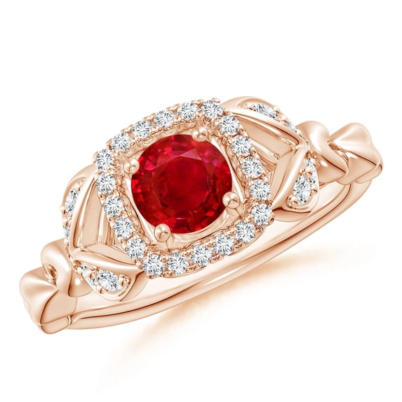 ANGARA Natural Nature Inspired Ruby Halo Ring with Leaf Motifs in 14K Rose Gold for Women (Size-5mm) | July Birthstone, Birthday, Anniversary, Jewelry Gift for Women | Natural Ruby Ring