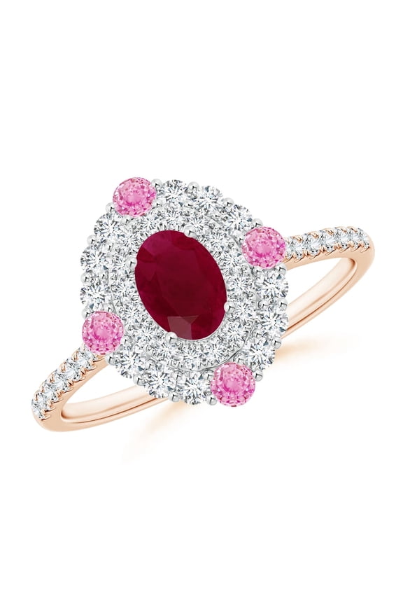 Natural Oval Ruby Double Halo Two Tone Ring with Pink Sapphire in 14K Rose & White Gold for Women (Size-6x4mm) | July Birthstone, Anniversary, Jewelry Gift for Women | Natural Ruby Ring