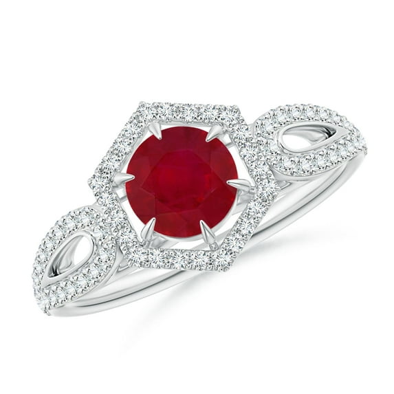 ANGARA Natural Ruby Split Shank Ring with Diamond Hexagon Halo in 14K White Gold for Women (Size-5mm) | July Birthstone, Birthday, Anniversary, Jewelry Gift for Women | Natural Ruby Ring
