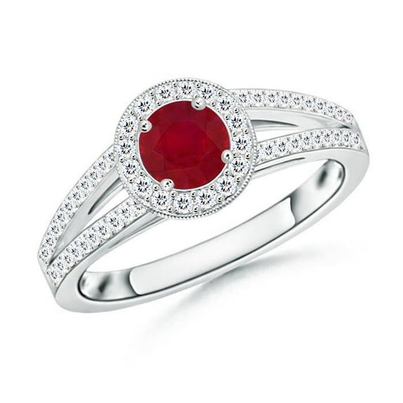 ANGARA Natural Round Ruby Split Shank Ring with Diamond Halo in 14K White Gold for Women (Size-5mm) | July Birthstone, Birthday, Anniversary, Jewelry Gift for Women | Natural Ruby Ring