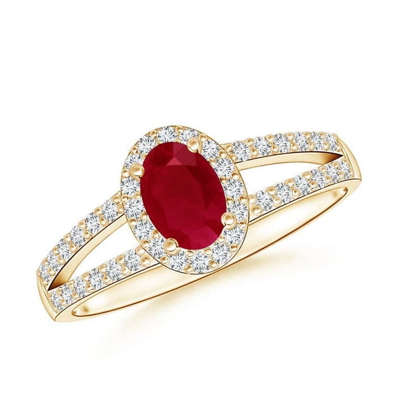 ANGARA Natural Oval Ruby Split Shank Halo Engagement Ring in 14K Yellow Gold for Women (Size-6x4mm) | July Birthstone, Birthday, Anniversary, Jewelry Gift for Women | Natural Ruby Ring
