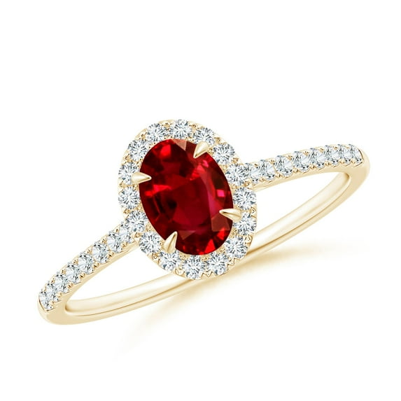 ANGARA Natural Oval Ruby Halo Engagement Ring in 14K Yellow Gold for Women (Size-6x4mm) | July Birthstone, Birthday, Anniversary, Jewelry Gift for Women | Natural Ruby Ring