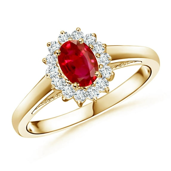 ANGARA Natural Princess Diana Inspired Ruby Ring with Diamond Halo in 14K Yellow Gold for Women (Size-6x4mm) | July Birthstone, Birthday, Anniversary, Jewelry Gift for Women | Natural Ruby Ring