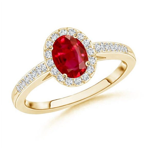 ANGARA Natural Classic Oval Ruby Halo Ring with Diamond Accents in 14K Yellow Gold for Women (Size-6x4mm) | July Birthstone Jewelry for Her | Natural Ruby Rings