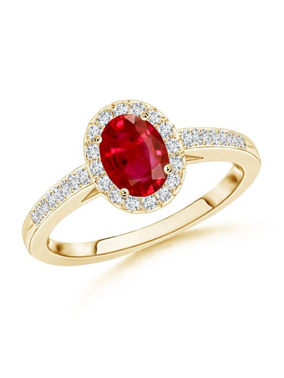 Natural Classic Oval Ruby Halo Ring with Diamond Accents in 14K Yellow Gold for Women (Size-6x4mm) | July Birthstone Jewelry for Her | Natural Ruby Rings