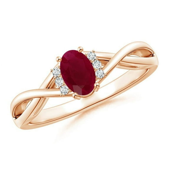 ANGARA Natural Oval Ruby Crossover Ring with Diamond Accents in 14K Rose Gold for Women (Size-6x4mm) | July Birthstone, Birthday, Anniversary, Jewelry Gift for Women | Natural Ruby Ring
