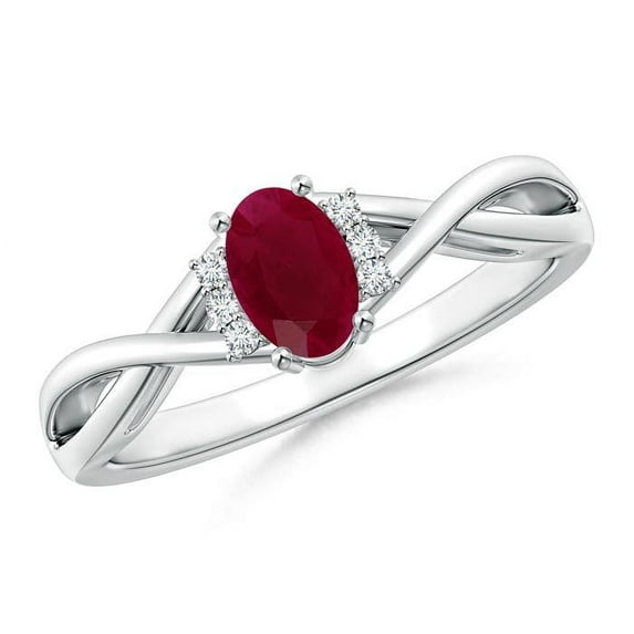 ANGARA Natural Oval Ruby Crossover Ring with Diamond Accents in 14K White Gold for Women (Size-6x4mm) | July Birthstone, Birthday, Anniversary, Jewelry Gift for Women | Natural Ruby Ring