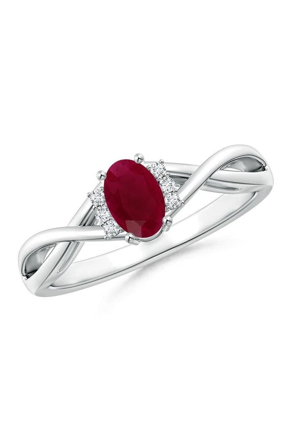Natural Oval Ruby Crossover Ring with Diamond Accents in 14K White Gold for Women (Size-6x4mm) | July Birthstone Jewelry for Her | Natural Ruby Rings