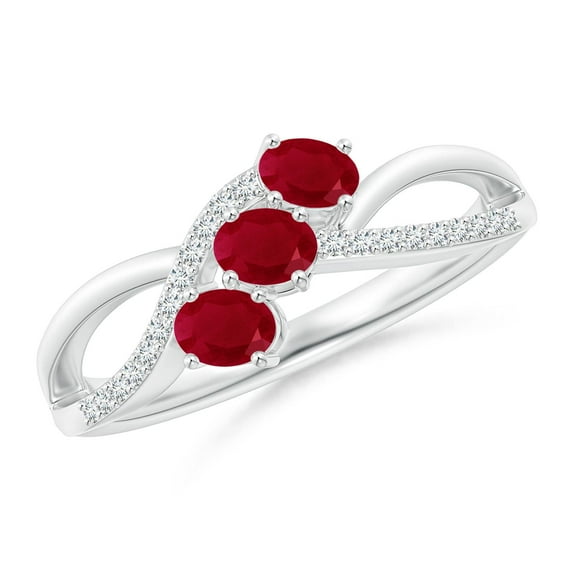 ANGARA Natural Oval Ruby Three Stone Bypass Ring with Diamonds in 14K White Gold for Women (Size-4x3mm) | July Birthstone, Birthday, Anniversary, Jewelry Gift for Women | Natural Ruby Ring