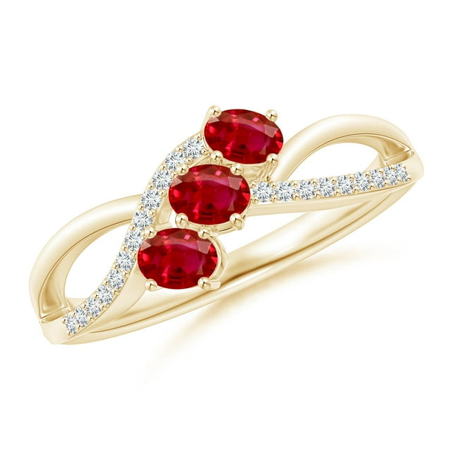 ANGARA Natural Oval Ruby Three Stone Bypass Ring with Diamonds in 14K Yellow Gold for Women (Size-4x3mm) | July Birthstone, Birthday, Anniversary, Jewelry Gift for Women | Natural Ruby Ring