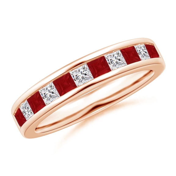 ANGARA Natural Channel Square Ruby and Diamond Half Eternity Ring in 14K Rose Gold for Women (Size-2.4mm) | July Birthstone, Birthday, Anniversary, Jewelry Gift for Women | Natural Ruby Ring