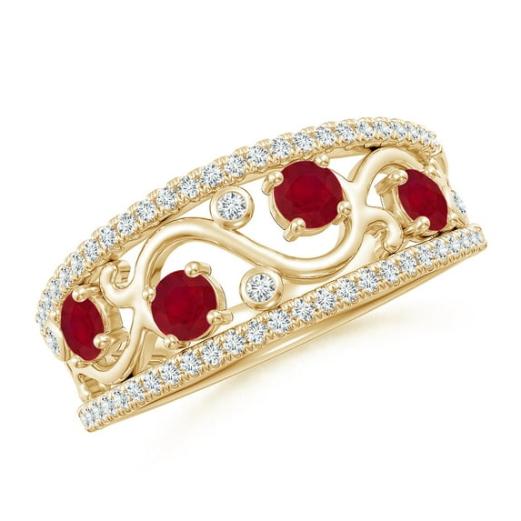 ANGARA Natural Nature Inspired Round Ruby & Diamond Filigree Ring in 14K Yellow Gold for Women (Size-3mm) | July Birthstone, Birthday, Anniversary, Jewelry Gift for Women | Natural Ruby Ring
