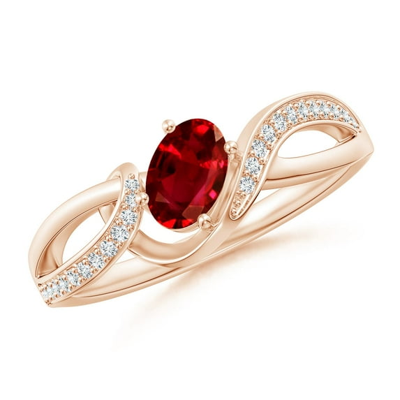 ANGARA Natural Ruby Twisted Ribbon Engagement Ring with Pav� Diamond Accents in 14K Rose Gold for Women (Size-6x4mm) | July Birthstone, Anniversary, Jewelry Gift for Women | Natural Ruby Ring