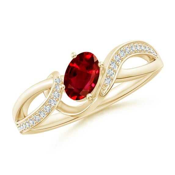 ANGARA Natural Ruby Twisted Ribbon Engagement Ring with Pav� Diamond Accents in 14K Yellow Gold for Women (Size-6x4mm) | July Birthstone, Anniversary, Jewelry Gift for Women | Natural Ruby Ring