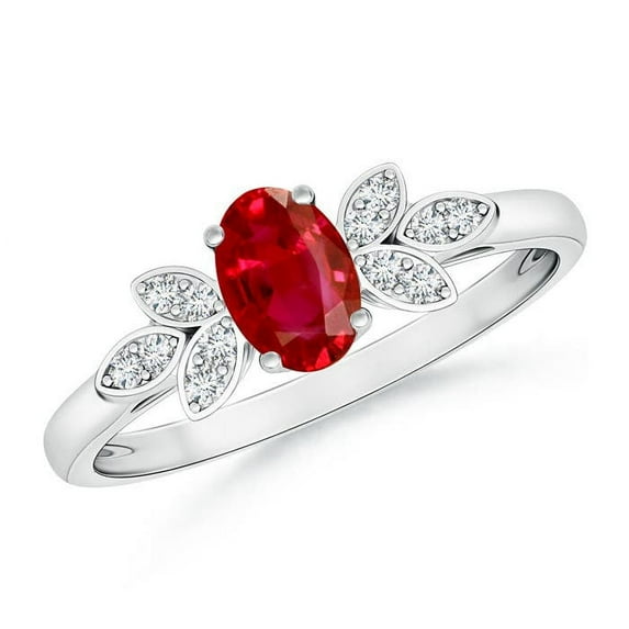 ANGARA Natural Vintage Style Oval Ruby Ring with Diamond Accents in 14K White Gold for Women (Size-6x4mm) | July Birthstone, Birthday, Anniversary, Jewelry Gift for Women | Natural Ruby Ring