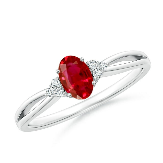 ANGARA Natural Solitaire Oval Ruby Split Shank Engagement Ring with Trio Diamonds in 14K White Gold for Women (Size-6x4mm) | July Birthstone, Anniversary, Jewelry Gift for Women | Natural Ruby Ring