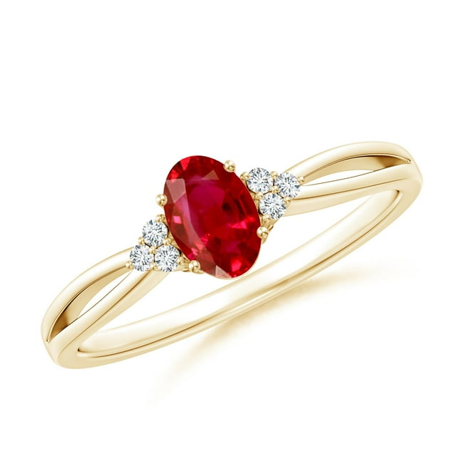 ANGARA Natural Solitaire Oval Ruby Split Shank Engagement Ring with Trio Diamonds in 14K Yellow Gold for Women (Size-6x4mm) | July Birthstone, Anniversary, Jewelry Gift for Women | Natural Ruby Ring