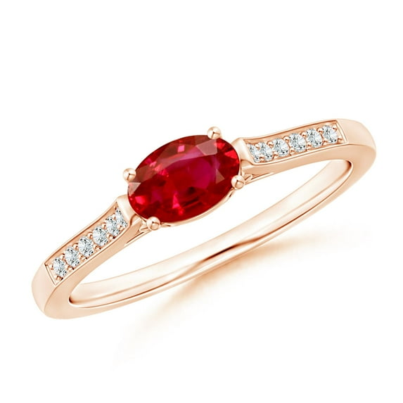 ANGARA Natural East-West Oval Ruby Solitaire Ring with Diamonds in 14K Rose Gold for Women (Size-6x4mm) | July Birthstone, Birthday, Anniversary, Jewelry Gift for Women | Natural Ruby Ring