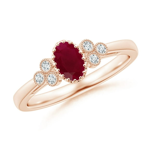 ANGARA Natural Aeon Ruby Solitaire Milgrain Engagement Ring with Trio Accents in 14K Rose Gold for Women (Size-6x4mm) | July Birthstone, Anniversary, Jewelry Gift for Women | Natural Ruby Ring