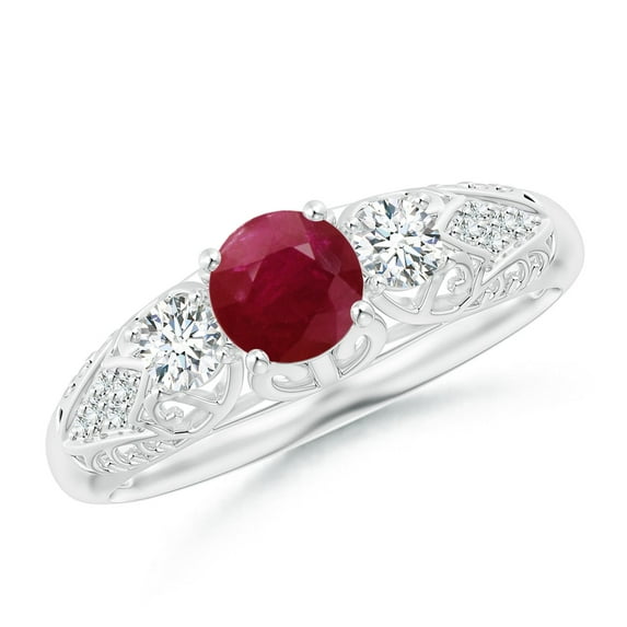 ANGARA Natural Aeon Vintage Style Ruby and Diamond Three Stone Engagement Ring in 14K White Gold for Women (Size-5mm) | July Birthstone, Anniversary, Jewelry Gift for Women | Natural Ruby Ring