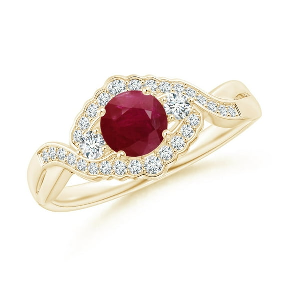 ANGARA Natural Aeon Ruby & Diamond Floral Halo Three Stone Engagement Ring in 14K Yellow Gold for Women (Size-5mm) | July Birthstone, Anniversary, Jewelry Gift for Women | Natural Ruby Ring