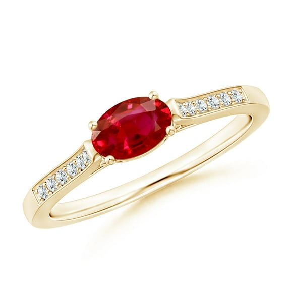 ANGARA Natural East-West Oval Ruby Solitaire Ring with Diamonds in 14K Yellow Gold for Women (Size-6x4mm) | July Birthstone, Birthday, Anniversary, Jewelry Gift for Women | Natural Ruby Ring