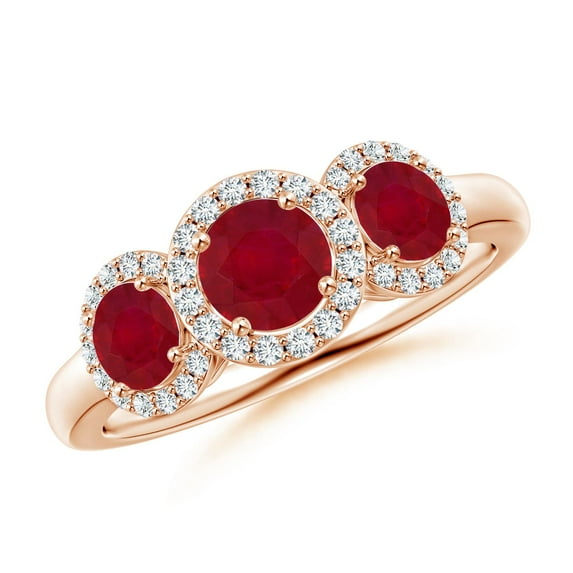 ANGARA Natural Round Ruby Three Stone Halo Ring with Diamonds in 14K Rose Gold for Women (Size-5mm) | July Birthstone, Birthday, Anniversary, Jewelry Gift for Women | Natural Ruby Ring