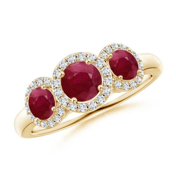 ANGARA Natural Round Ruby Three Stone Halo Ring with Diamonds in 14K Yellow Gold for Women (Size-5mm) | July Birthstone, Birthday, Anniversary, Jewelry Gift for Women | Natural Ruby Ring
