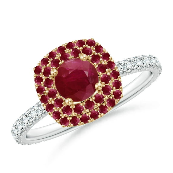 ANGARA Natural Round Ruby Two Tone Ring with Double Halo in 14K White & Yellow Gold for Women (Size-5mm) | July Birthstone, Birthday, Anniversary, Jewelry Gift for Women | Natural Ruby Ring