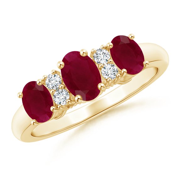 ANGARA Natural Oval Three Stone Ruby Engagement Ring with Diamonds in 14K Yellow Gold for Women (Size-6x4mm) | July Birthstone, Birthday, Anniversary, Jewelry Gift for Women | Natural Ruby Ring