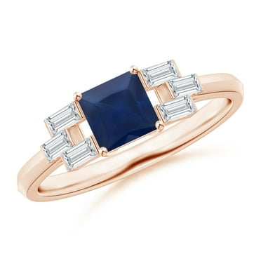 ANGARA Natural Square Sapphire & Baguette Diamond Rectangle Link Ring in 14K Rose Gold for Women (Size-5mm) | September Birthstone, Anniversary, Jewelry Gift for Women | Natural Blue Sapphire Ring