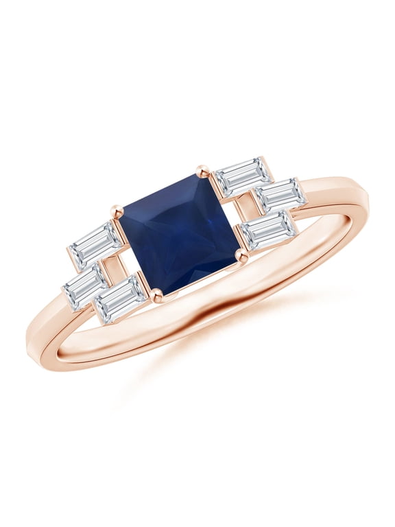 Natural Square Sapphire & Baguette Diamond Rectangle Link Ring in 14K Rose Gold for Women (Size-5mm) | September Birthstone, Anniversary, Jewelry Gift for Women | Natural Blue Sapphire Ring