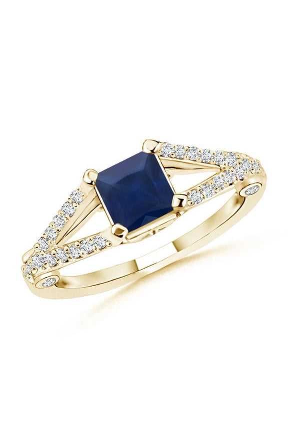 Natural Split Shank Square Sapphire Ring with Diamond Accents in 14K Yellow Gold for Women (Size-5mm) | September Birthstone, Anniversary, Jewelry Gift for Women | Natural Blue Sapphire Ring