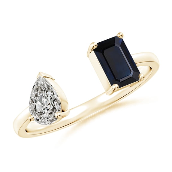 ANGARA Natural Two-Stone Blue Sapphire & Pear Diamond Open Ring in 14K Yellow Gold for Women (Size-6x4mm) | September Birthstone, Anniversary, Jewelry Gift for Women | Natural Sapphire Ring