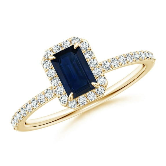 ANGARA Natural Emerald-Cut Sapphire Halo Engagement Ring in 14K Yellow Gold for Women (Size-6x4mm) | September Birthstone, Birthday, Anniversary, Jewelry Gift for Women | Natural Blue Sapphire Ring