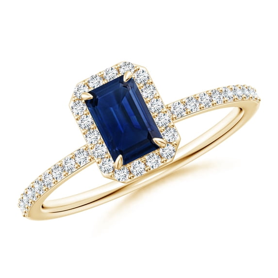 ANGARA Natural Emerald-Cut Sapphire Halo Engagement Ring in 14K Yellow Gold for Women (Size-6x4mm) | September Birthstone, Birthday, Anniversary, Jewelry Gift for Women | Natural Blue Sapphire Ring