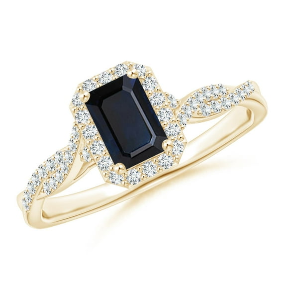ANGARA Natural Emerald-Cut Sapphire Halo Twisted Shank Ring in 14K Yellow Gold for Women (Size-6x4mm) | September Birthstone, Anniversary, Jewelry Gift for Women | Natural Blue Sapphire Ring