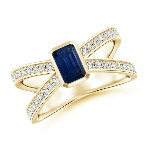 ANGARA Natural Emerald-Cut Blue Sapphire Criss Cross Solitaire Ring in 14K Yellow Gold for Women (Size-6x4mm) | September Birthstone, Anniversary, Jewelry Gift for Women | Natural Blue Sapphire Ring
