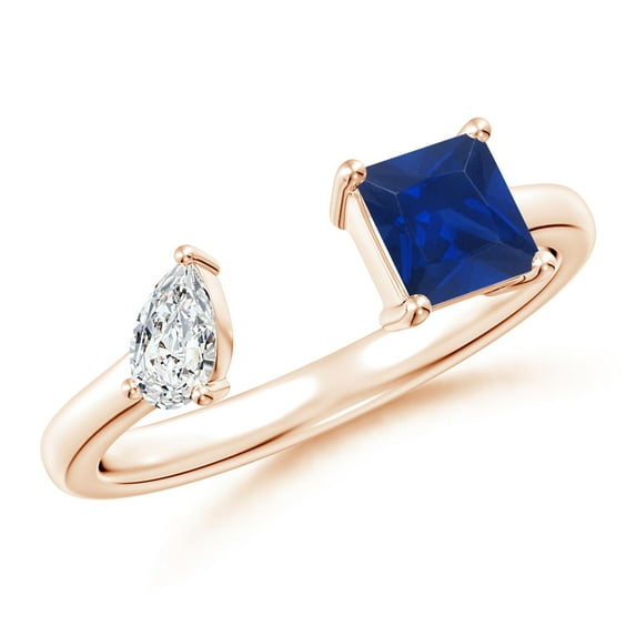 ANGARA Natural Two-Stone Square Blue Sapphire & Pear Diamond Open Ring in 14K Rose Gold for Women (Size-5mm) | September Birthstone, Anniversary, Jewelry Gift for Women | Natural Blue Sapphire Ring