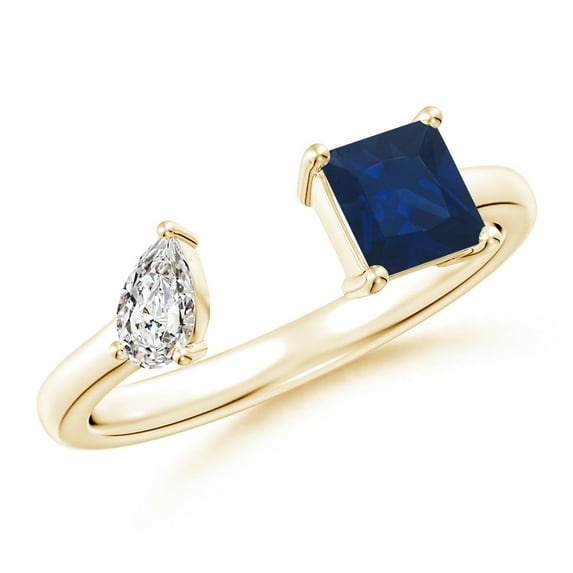 ANGARA Natural Two-Stone Square Blue Sapphire & Pear Diamond Open Ring in 14K Yellow Gold for Women (Size-5mm) | September Birthstone, Anniversary, Jewelry Gift for Women | Natural Blue Sapphire Ring