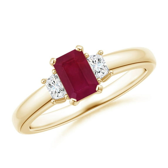 ANGARA Natural Ruby and Diamond Three Stone Ring in 14K Yellow Gold for Women (Size-6x4mm) | July Birthstone, Birthday, Anniversary, Jewelry Gift for Women | Natural Ruby Ring