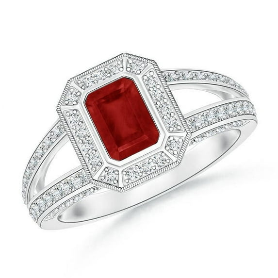 ANGARA Natural Vintage Style Emerald-Cut Ruby Split Shank Halo Ring in 14K White Gold for Women (Size-6x4mm) | July Birthstone, Birthday, Anniversary, Jewelry Gift for Women | Natural Ruby Ring