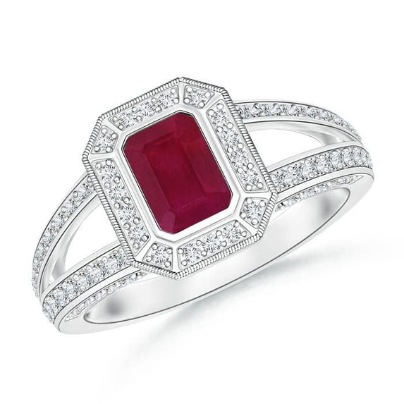 ANGARA Natural Vintage Style Emerald-Cut Ruby Split Shank Halo Ring in 14K White Gold for Women (Size-6x4mm) | July Birthstone, Birthday, Anniversary, Jewelry Gift for Women | Natural Ruby Ring