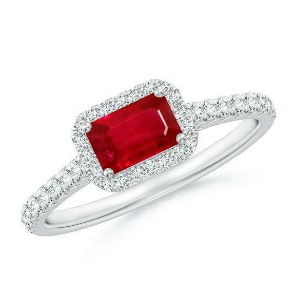 ANGARA Natural East West Emerald-Cut Ruby Halo Ring in 14K White Gold for Women (Size-6x4mm) | July Birthstone, Birthday, Anniversary, Jewelry Gift for Women | Natural Ruby Ring